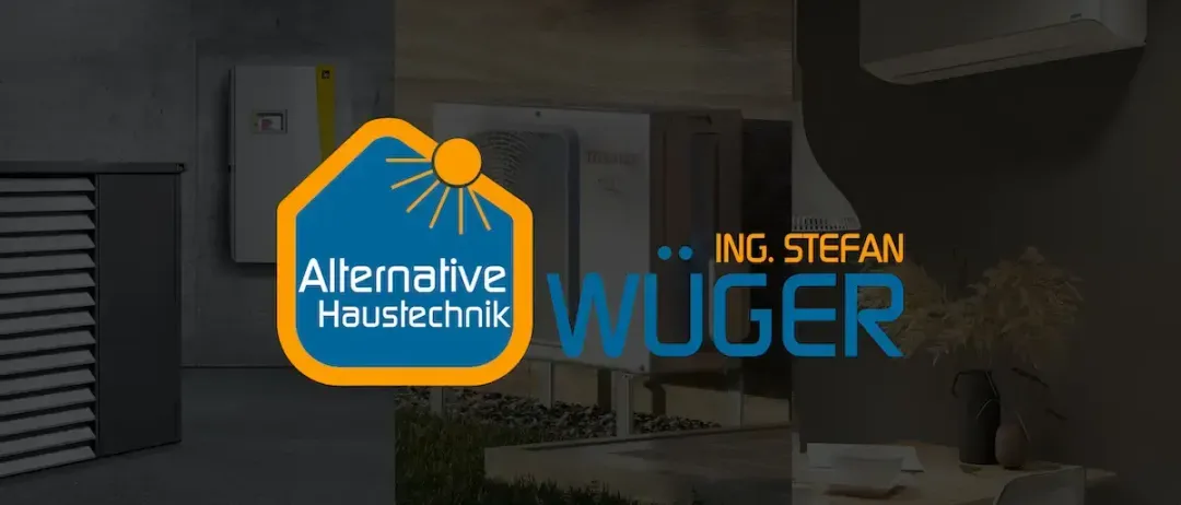 Das Bild zeigt das Logo von Alternative Haustechnik und Ing. Stefan Wüger. Das Logo zeigt eine Sonne und den Firmennamen in Blau und Gelb.