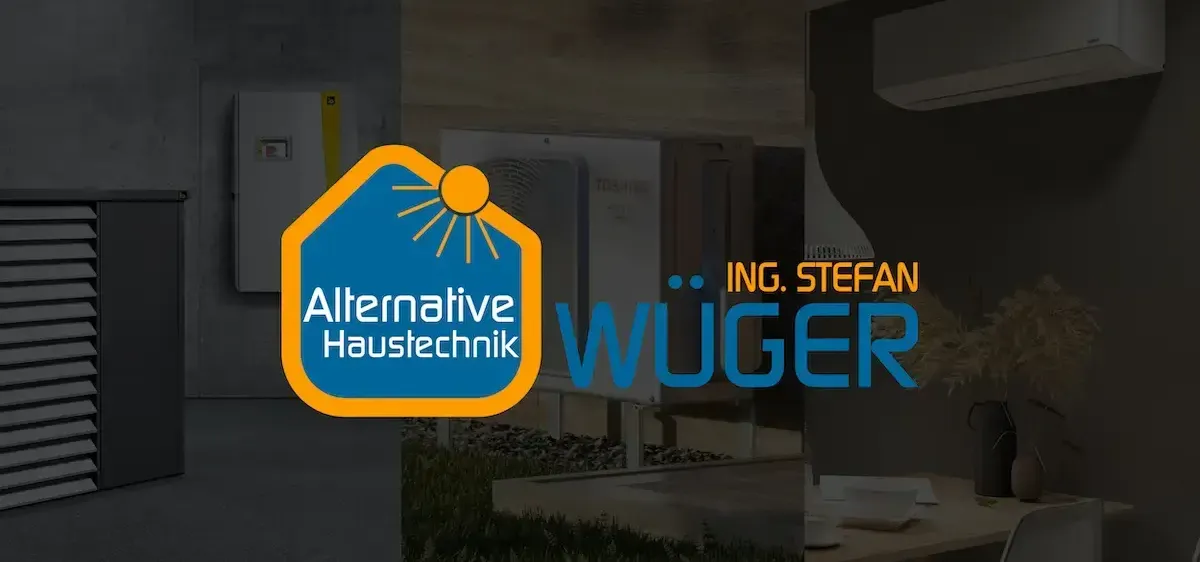 Das Bild zeigt das Logo von Alternative Haustechnik und Ing. Stefan Wüger. Das Logo zeigt eine Sonne und den Firmennamen in Blau und Gelb.