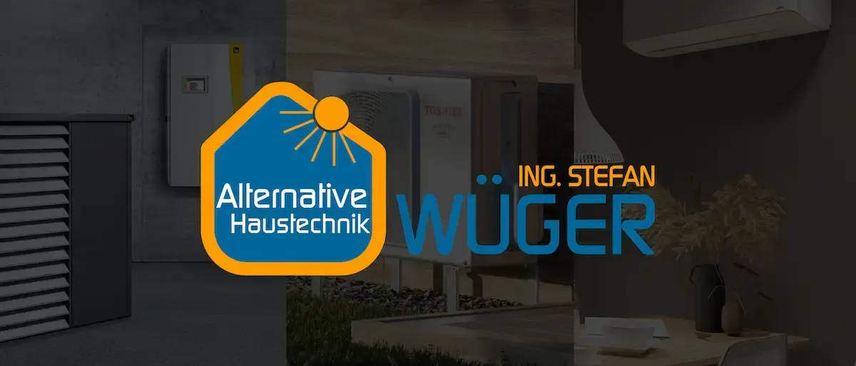 Eine Werbung für alternative Haustechnik mit einem gelben Sonnensymbol und dem Logo 'Alternative Haustechnik'. Dahinter befindet sich ein Raum mit einer Klimaanlage.