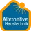 Alternative Haustechnik Wüger-Logo. Das Logo zeigt eine sechseckige Form mit blauem Hintergrund und orangem Rand. In der Mitte des Logos befindet sich eine strahlende Sonne mit nach außen gerichteten Strahlen. Der Text 'Alternative Haustechnik' ist in Weiß auf dem blauen Hintergrund geschrieben.