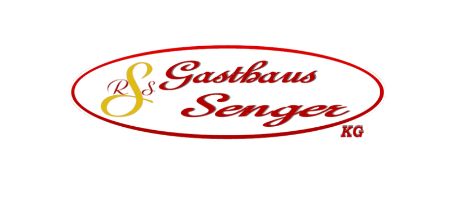 Das Logo für Gasthaus Senger KG zeigt einen stilisierten roten und gelben Buchstaben 'S' mit dem Text 'Gasthaus Senger KG' darunter in Rot. Der Hintergrund ist weiß.
