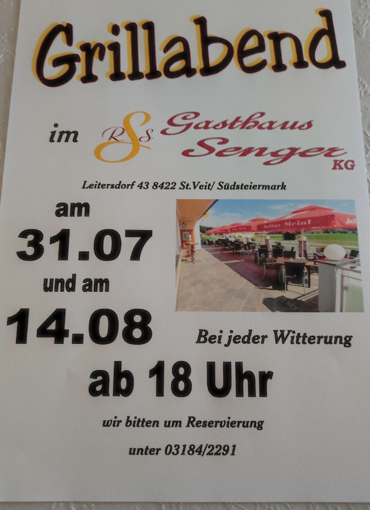 A poster for Gasthaus Senger KG in Leitersdorf, St. Veit/Südsteiermark, showing an outdoor dining area with red umbrellas and tables, open from 6 PM on July 31 and August 14.
