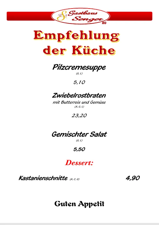 Ein Menü aus einem deutschen Restaurant, mit Gerichten wie Pilzcremesuppe, Zwiebelrostbraten, Gemischter Salat und Kastanienschnitte, mit Preisen in Euro angegeben.