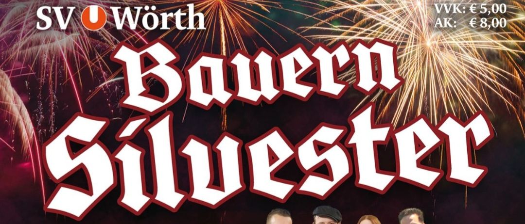 Werbeposter für ein bayerisches Silvesterfest. Es zeigt vier Personen und Feuerwerk. Die Veranstaltung wird von Echt Stark ausgerichtet. Es beginnt um 20:30 Uhr. Das Datum ist der 30. Dezember.
