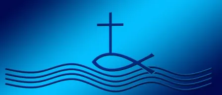 Ein blauer Hintergrund zeigt ein großes christliches Kreuz und ein Fischsymbol, das auf Wellen schwimmt. Das Kreuz ist zentral über dem Fisch positioniert, mit Wellen, die um sie herumfließen.
