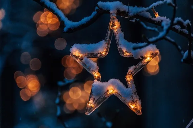 Ein sternförmiges Ornament mit Lichtern hängt an einem verschneiten Ast, beleuchtet vor einem dunklen Hintergrund.