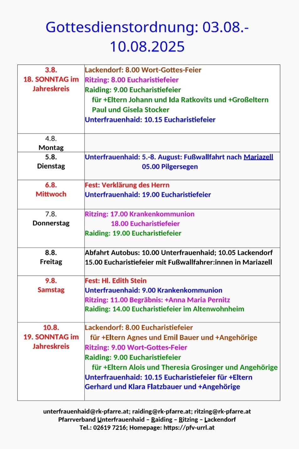 Das Bild enthält einen wöchentlichen Zeitplan für religiöse Gottesdienste und Veranstaltungen. Die Termine reichen von Sonntag bis Samstag. Zeiten und Orte sind für jedes Ereignis angegeben.