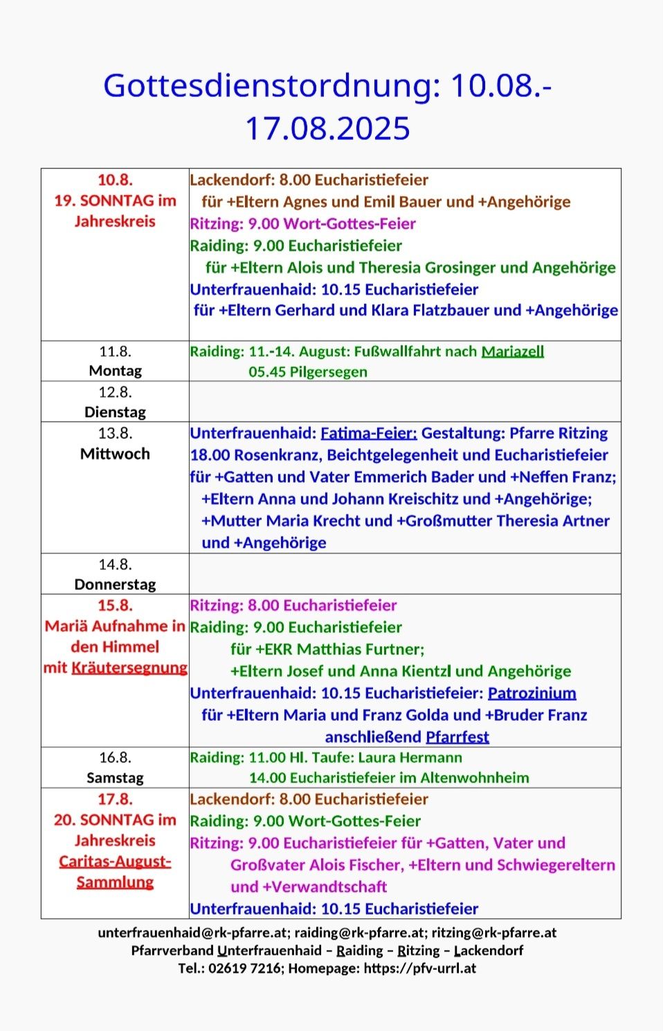 Der Zeitplan der Veranstaltungen umfasst Details wie Eucharistiefeiern, Reiten und Pilgerreisen. Die Daten reichen von 11. August bis 14. August, mit spezifischen Aktivitäten für Eltern, Geschwister und Teilnehmer. Der Zeitplan enthält auch Details einer Pilgerreise nach Mariazell.