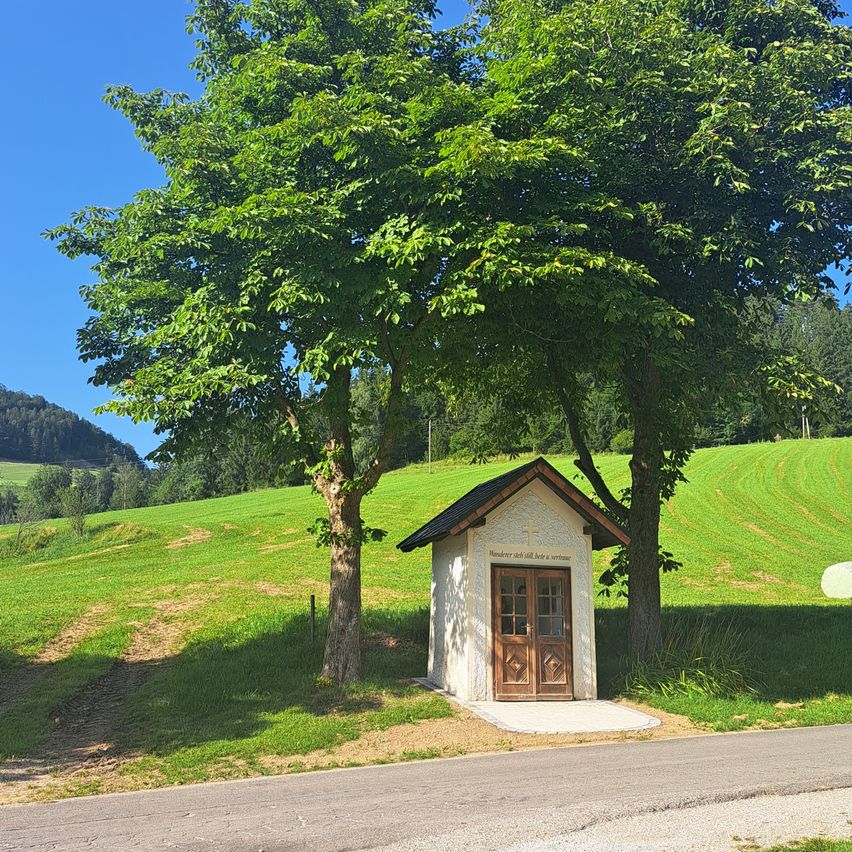 Eine kleine weiße Kapelle mit einer braunen Tür befindet sich in einem üppigen grünen Feld mit einem Berg im Hintergrund.