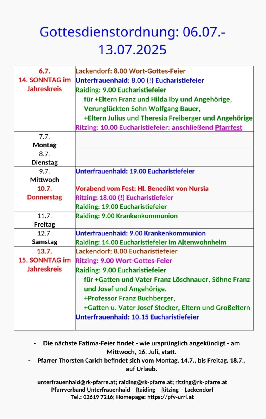 Ein wöchentlicher Zeitplan für religiöse Veranstaltungen in einer Kirche. Es enthält Wochentage, Zeiten und Namen von Messen, mit zusätzlichen Details wie Orten und besonderen Anlässen.