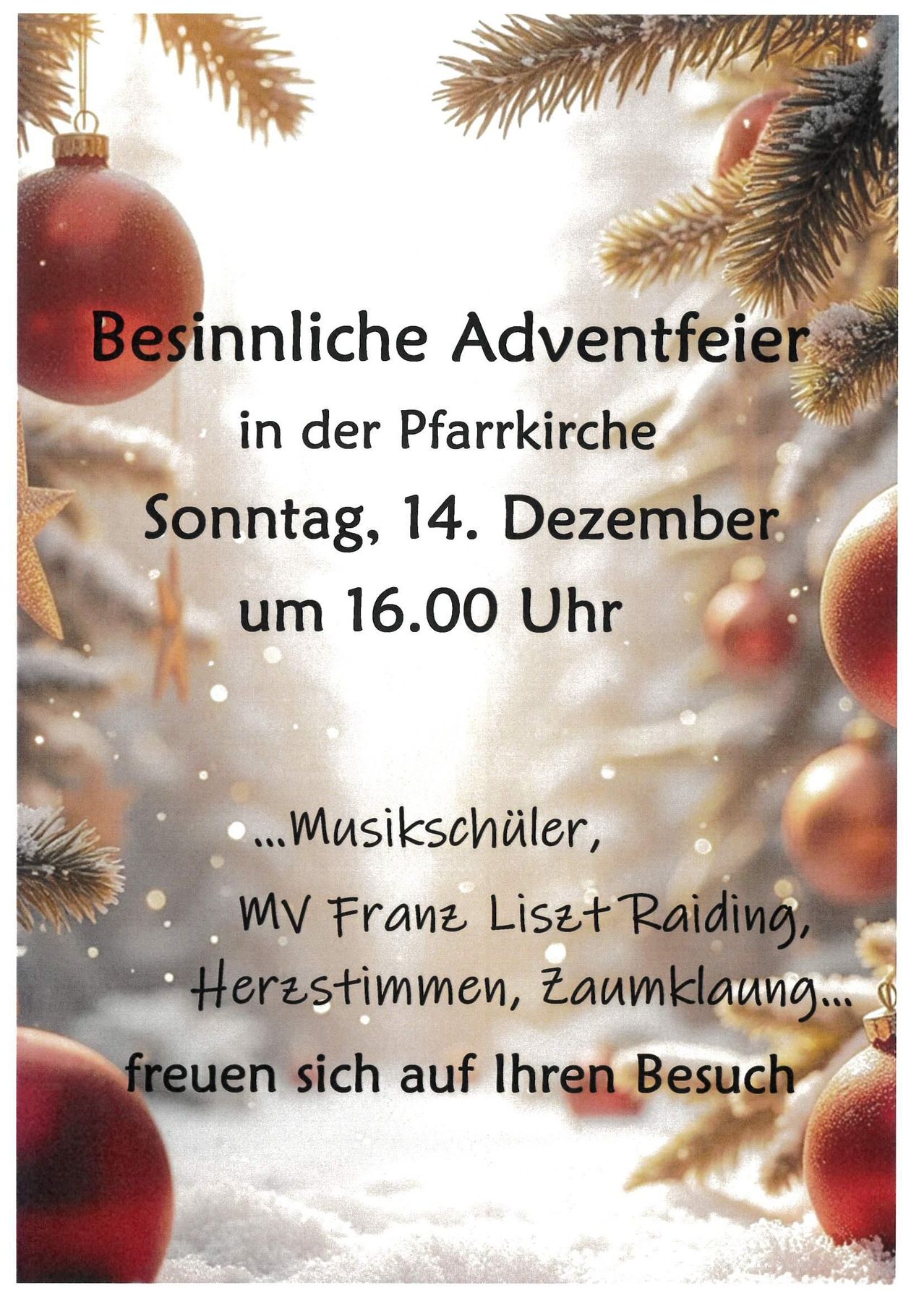 A Christmas Advent event in the church on Sunday, December 14 at 4:00 PM. Musical students, Franz Liszt Raiding, heart songs, and organ music look forward to your visit.