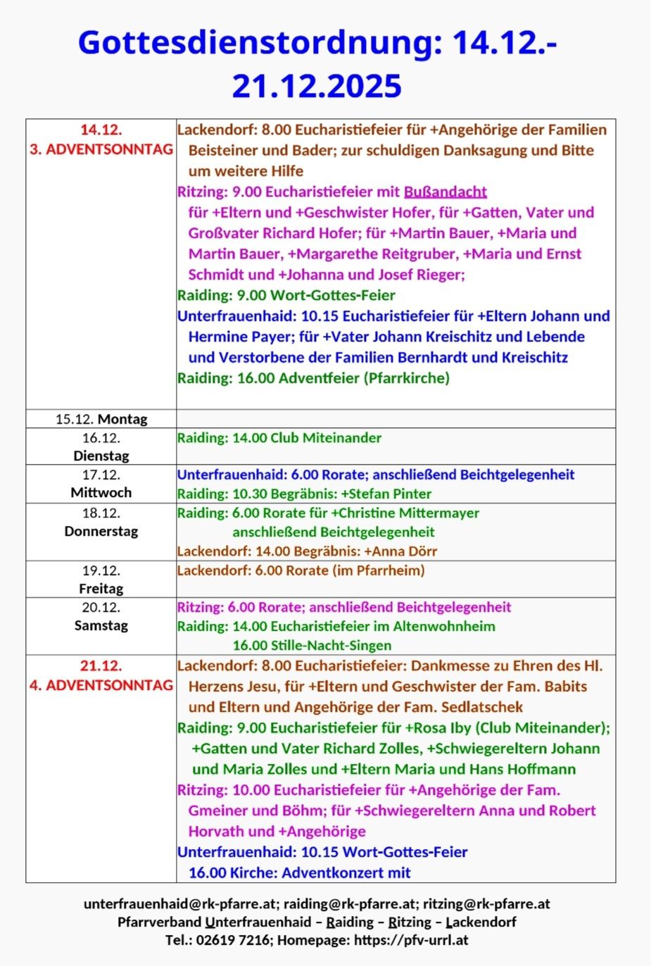 Das Bild listet religiöse Dienste und Veranstaltungen für die Woche auf, einschließlich Daten, Uhrzeiten und spezifische Gebete oder Messen für verschiedene Personen und Gruppen.