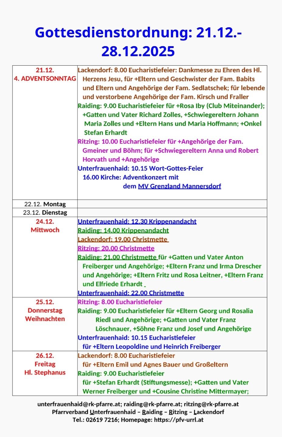 Zeitplan für den 4. Adventssonntag. Vormittags- und Abendgottesdienste für Familienmitglieder. Taufen und Hochzeiten für Familie und Verwandte. Gedenkgottesdienste für verstorbene Familienmitglieder. Eucharistiefeiern, Gesang und Gebet.