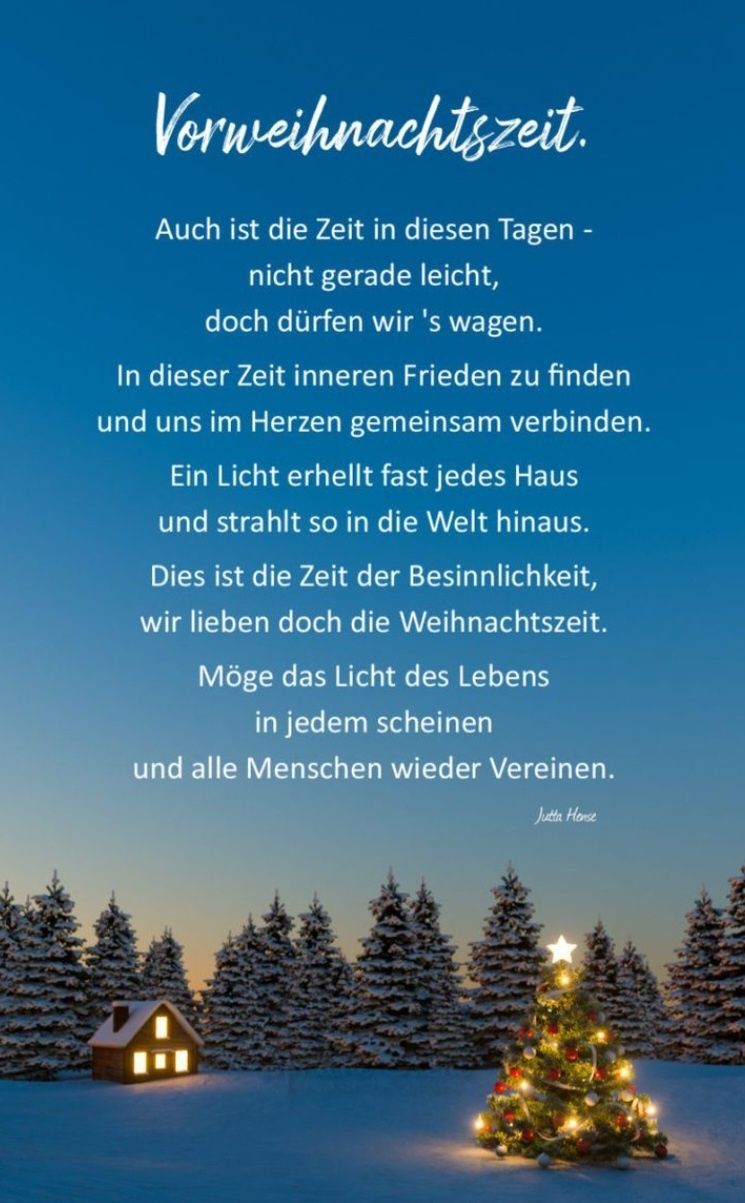 Ein deutsches Weihnachtsgedicht wird auf einem blauen Hintergrund mit einem Stern und schneebedeckten Bäumen angezeigt. Es handelt von der Suche nach innerem Frieden und dem Verbreiten von Licht.