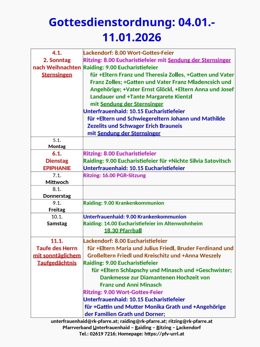 Das Bild zeigt eine Tabelle mit Daten, Zeiten und religiösen Veranstaltungen für die Woche. Die erste Zeile listet ein Wort-Gottes-Feier und Eucharistiefeiern auf. Die zweite Zeile listet eine Krankenkommunion auf. Die dritte Zeile listet eine Taufe des Herrn mit einem Taufgedächtnis auf.
