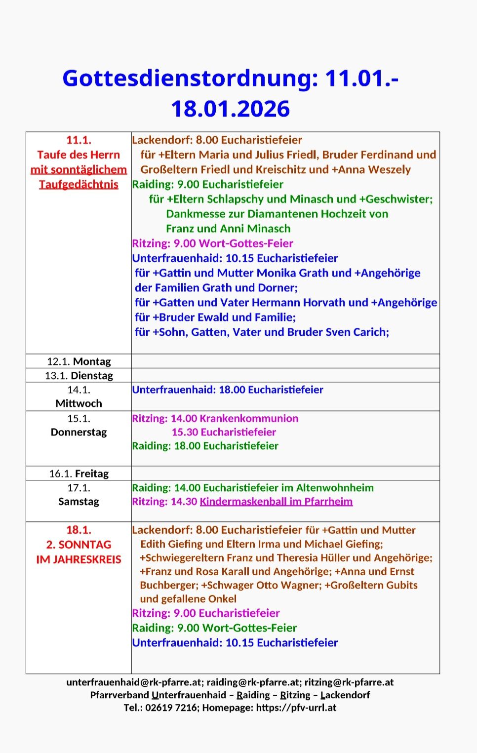 Das Bild zeigt einen Zeitplan religiöser Gottesdienste und Messen, einschließlich Taufen, eucharistischen Feiern und anderer religiöser Veranstaltungen für verschiedene Tage im Januar. Es enthält spezifische Daten, Zeiten und Namen von Personen, für die die Messen gefeiert werden.