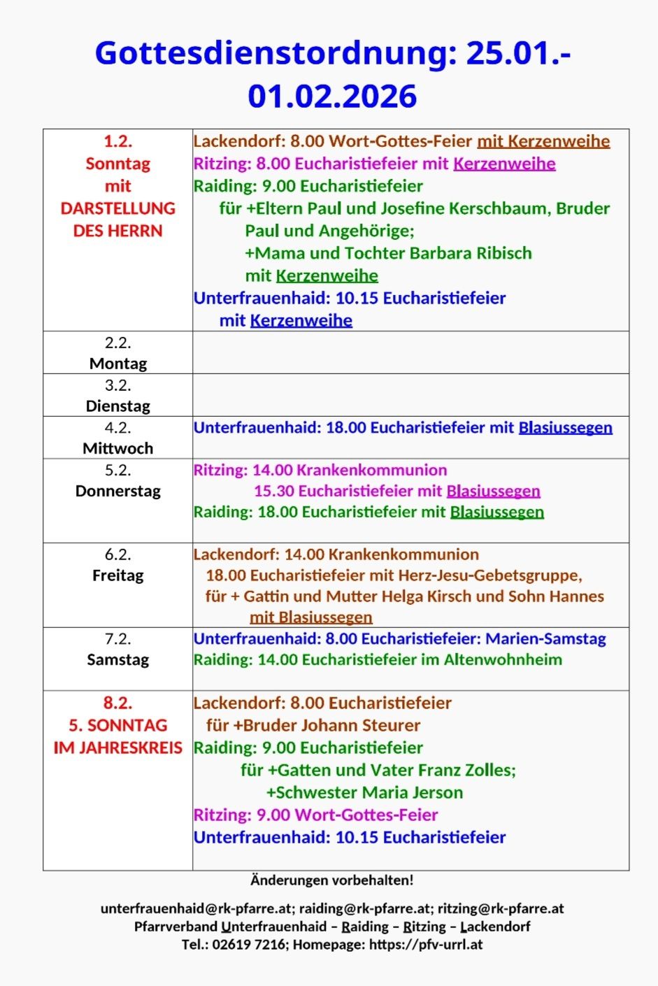 Wöchentlicher Zeitplan mit verschiedenen Gottesdiensten. Montag, Dienstag, Mittwoch, Donnerstag und Freitag haben jeweils einen eigenen Gottesdienst. Samstag und Sonntag haben mehrere Gottesdienste, einschließlich Eucharistiefeiern und einem Wort-Gottes-Gottesdienst.