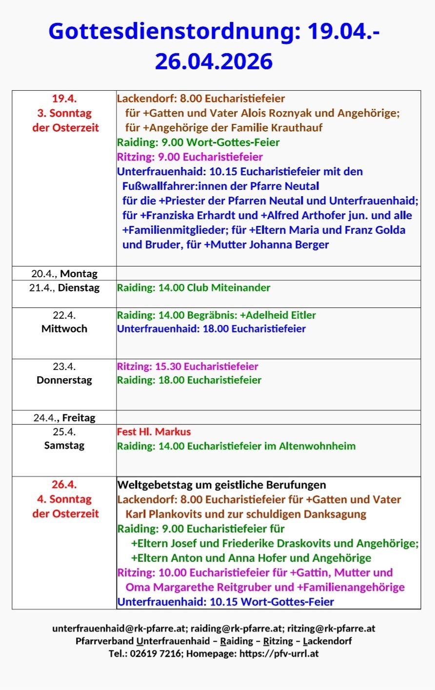 The image shows a schedule of religious services in German. It includes dates, times, and details of various church events, including masses, blessings, and special ceremonies.