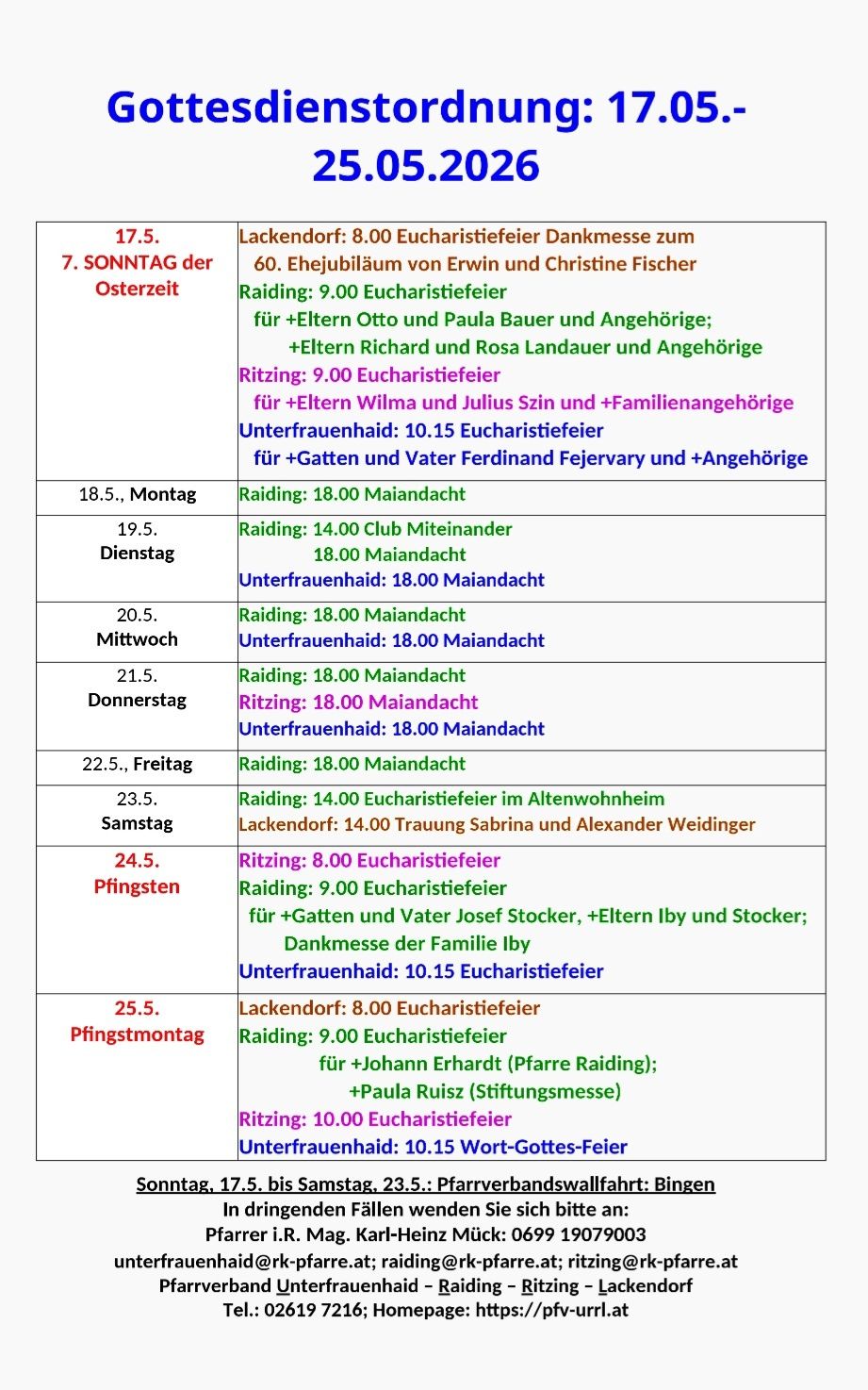 The image displays a weekly schedule with various events and services, including Eucharist celebrations, masses, and special services, scheduled from Sunday to Friday. It lists specific times and events for each day.