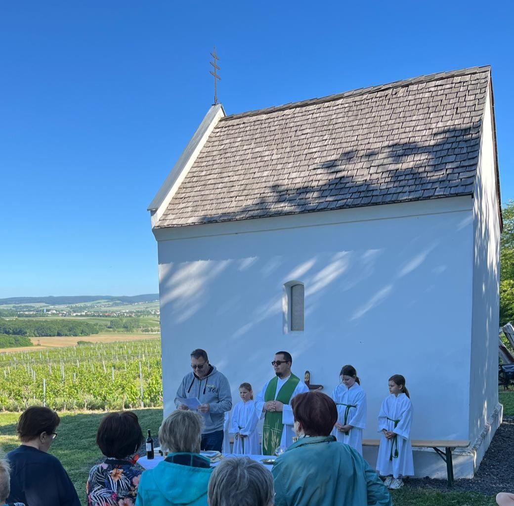 Eine Gruppe von Menschen versammelt sich um einen Priester vor einer Kirche, mit einem Weinberg im Hintergrund.