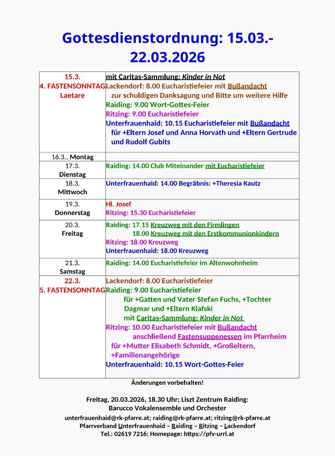 Das Bild zeigt einen Zeitplan für zwei Fastensonntage. Veranstaltungen umfassen Eucharistiefeiern, Gebetstreffen und Familientreffen, mit genauen Zeiten und Teilnehmern aufgelistet. Eine Sammlung für bedürftige Kinder wird erwähnt.