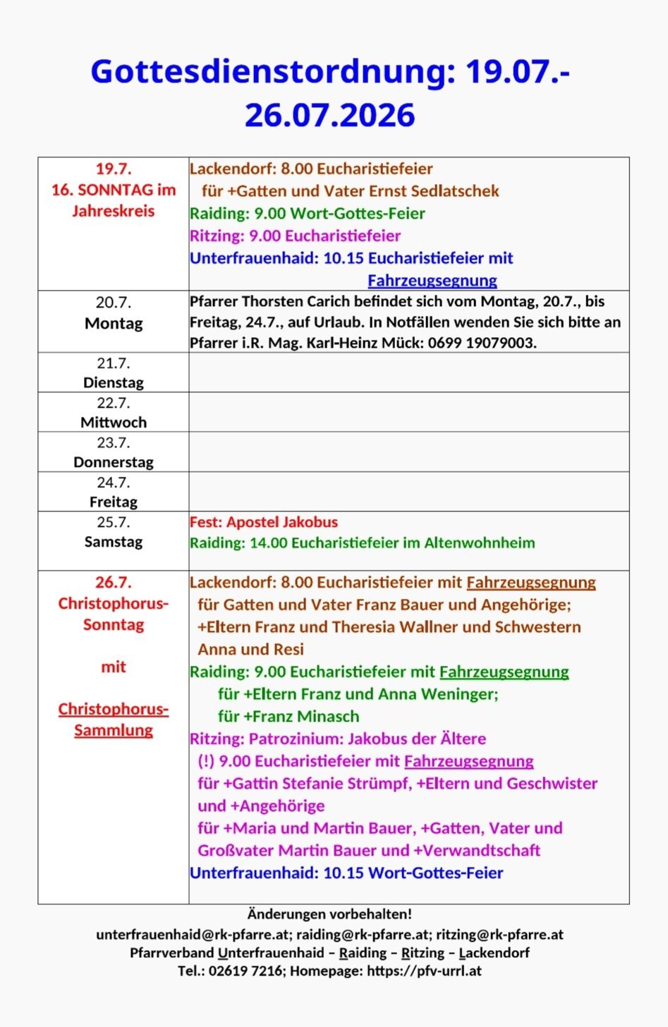Eine Tabelle mit Daten und Ereignissen, einschließlich Gottesdienste und Zusammenkünfte. Die Tabelle ist in Abschnitte für verschiedene Tage unterteilt und enthält Details wie Zeiten und Orte.