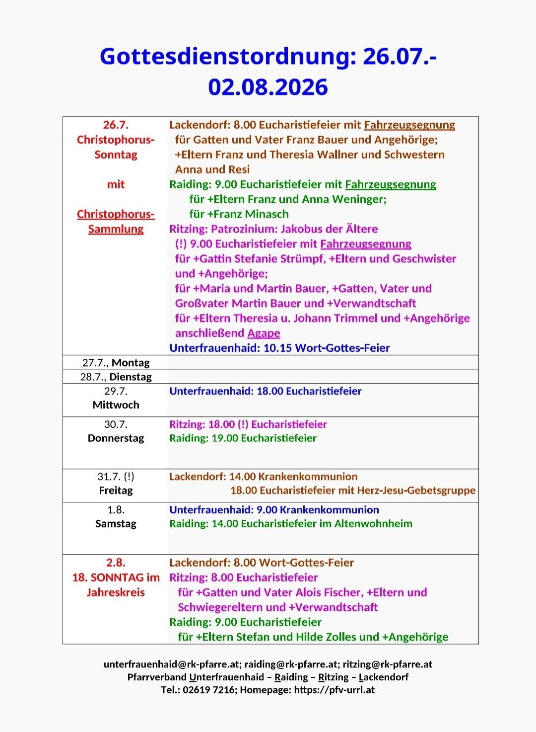 Eine Tabelle mit Daten und entsprechenden religiösen Veranstaltungen, einschließlich Details über Eucharistiefeiern, Segnungen und Messen. Die Tabelle listet Daten, Zeiten und spezifische Ereignisse wie die Segnung von Fahrzeugen, Messen und andere religiöse Zeremonien auf.