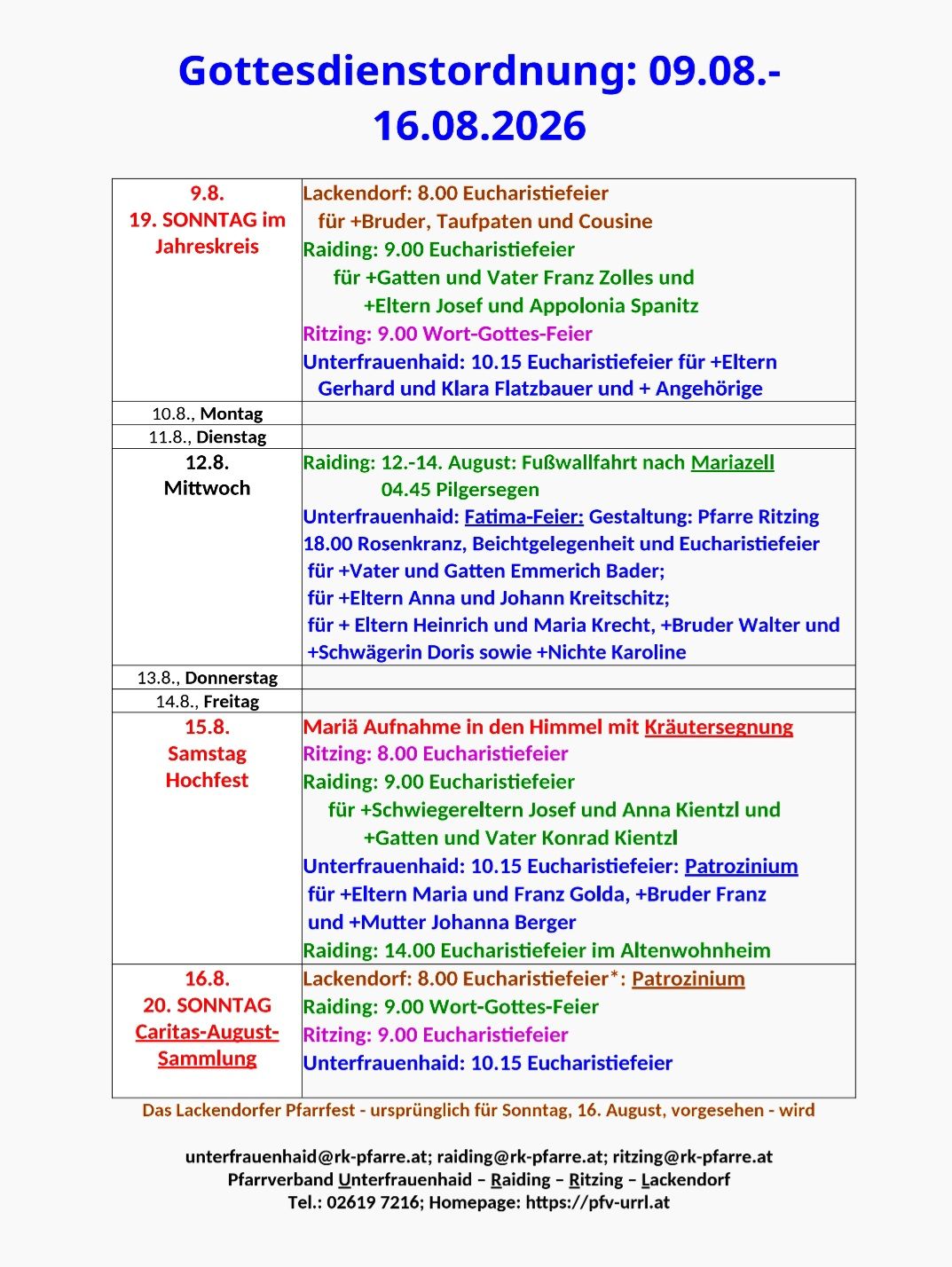 Eine Tabelle mit Daten und Details zu religiösen Veranstaltungen, einschließlich Eucharistiefeiern, Messen und Pilgerreisen, mit spezifischen Zeiten und Teilnehmern.