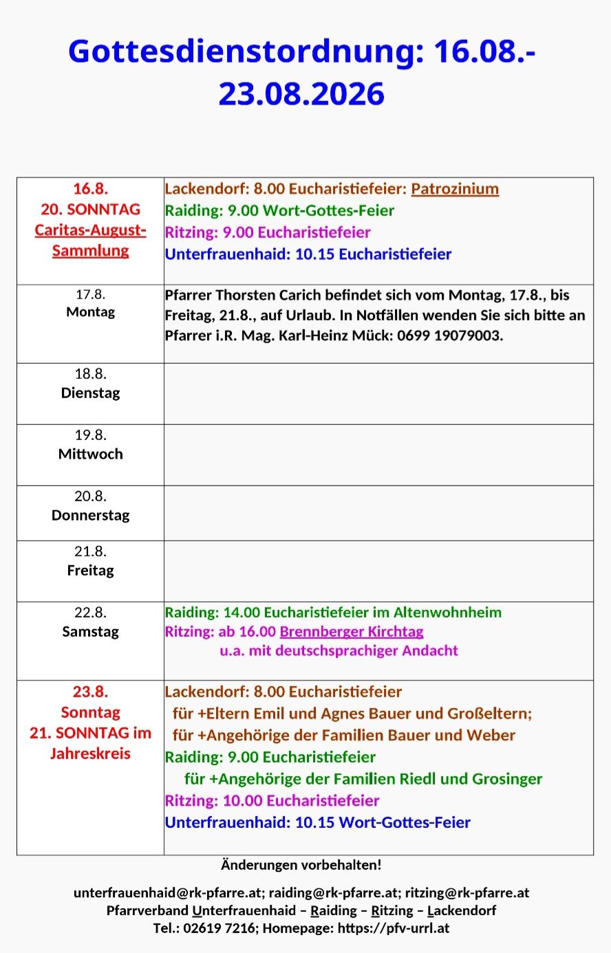 A calendar page with dates and events listed, including religious services and gatherings, with specific times and locations.
