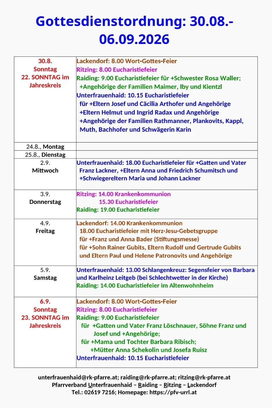 Eine Tabelle mit einem wöchentlichen Zeitplan für religiöse Gottesdienste mit Daten, Zeiten und Namen der Personen, für die die Gottesdienste abgehalten werden. Die Tabelle enthält Details wie 'Eucharistfeier', 'Krankenkommunion' und 'Wort-Gottes-Feier'.