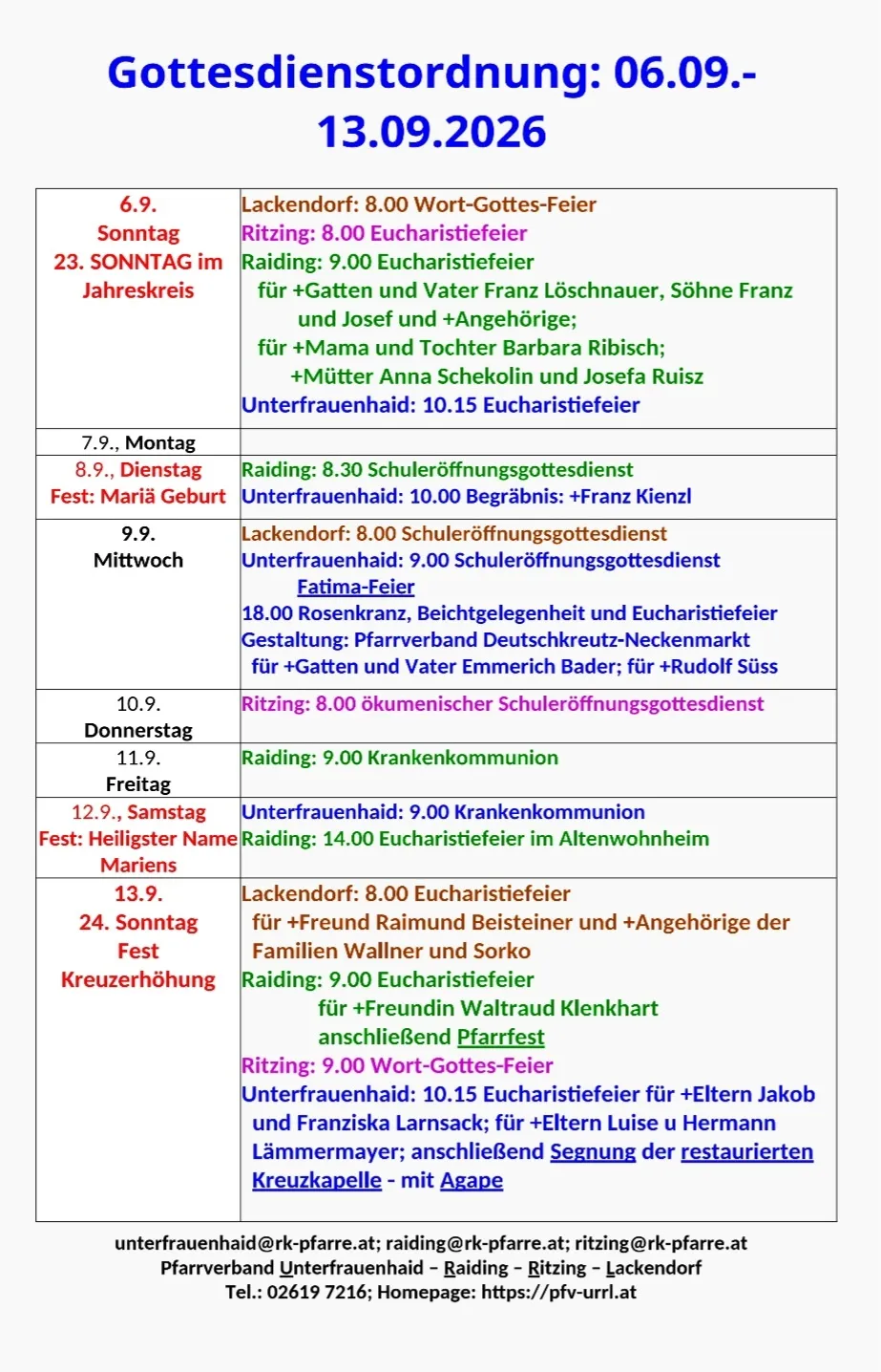 Eine Tabelle mit dem wöchentlichen Zeitplan religiöser Veranstaltungen und Messen, einschließlich Details wie Zeit, Ort und Teilnehmer. Die Veranstaltungen sind nach Tagen organisiert und beinhalten Eucharistiefeiern, Schuleröffnungsgottesdienste und andere religiöse Begebenheiten.