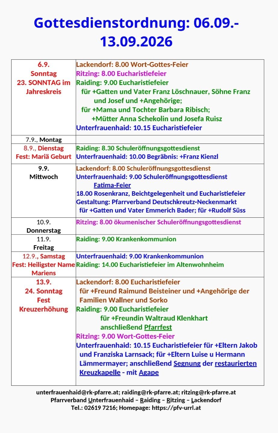 A table showing a weekly schedule of religious events and masses, including details such as time, location, and participants. The events are organized by day and include Eucharist celebrations, school opening services, and other religious observances.