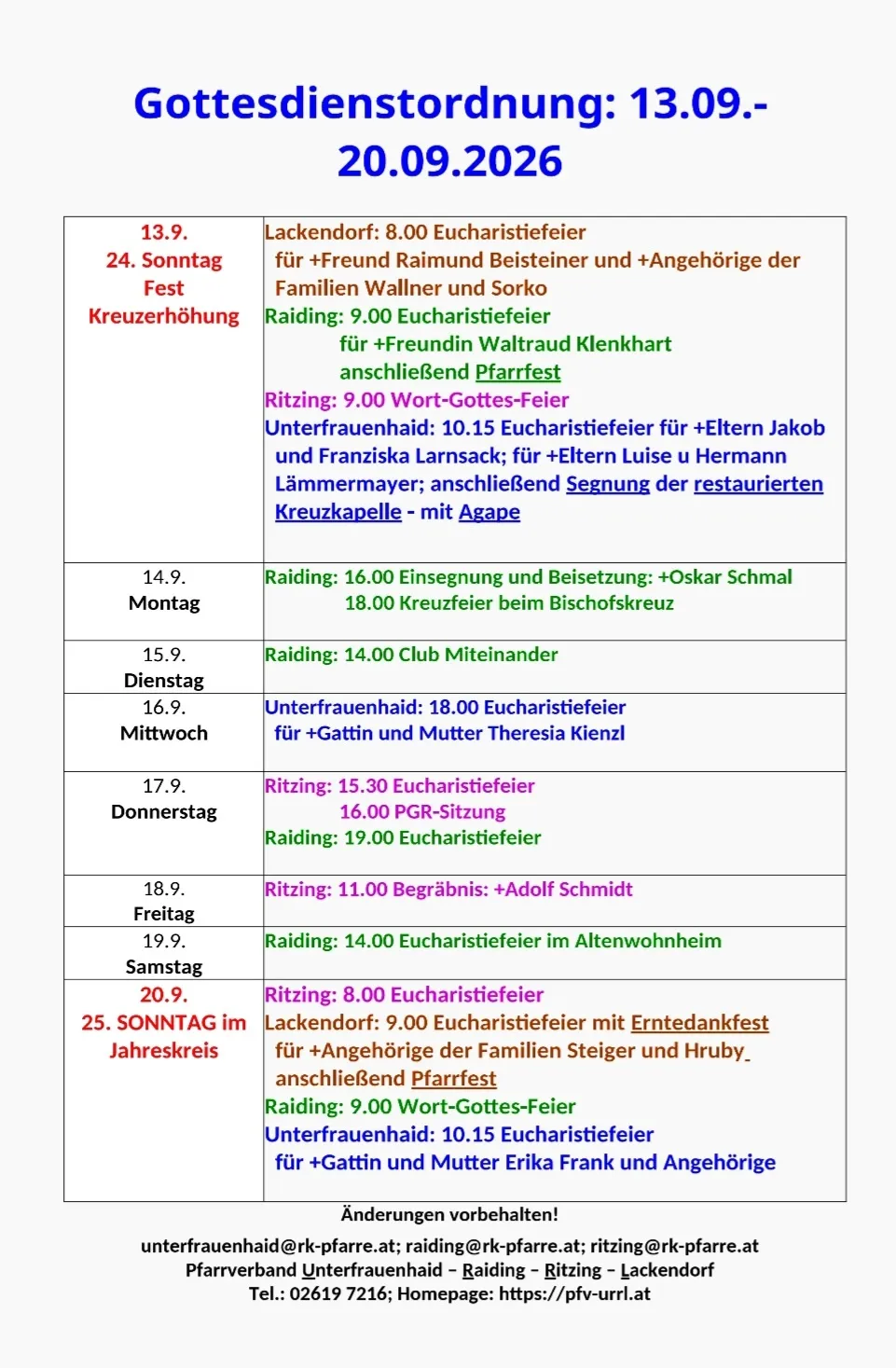 Eine Tabelle mit Daten und Ereignissen, einschließlich Messen, Festen und Feiern. Die Tabelle listet bestimmte Daten, Zeiten und Namen von Personen auf, die mit jedem Ereignis verbunden sind.