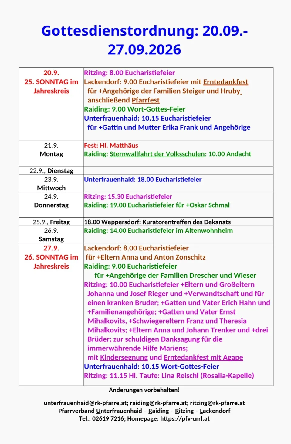 Ein Tisch mit Daten und Ereignissen, einschließlich Eucharistiefeiern, Familientreffen und anderen religiösen Veranstaltungen. Der Tisch ist in Abschnitte für jeden Wochentag unterteilt.