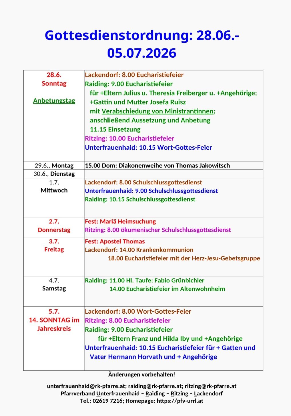 Das Bild listet verschiedene religiöse Veranstaltungen auf Deutsch auf. Am Sonntag, den 28. Juni, gibt es eine Eucharistiefeier und einen Segen für Eltern und Paten. Der Zeitplan enthält Zeiten für Veranstaltungen und die Anwesenheit bestimmter Gruppen.