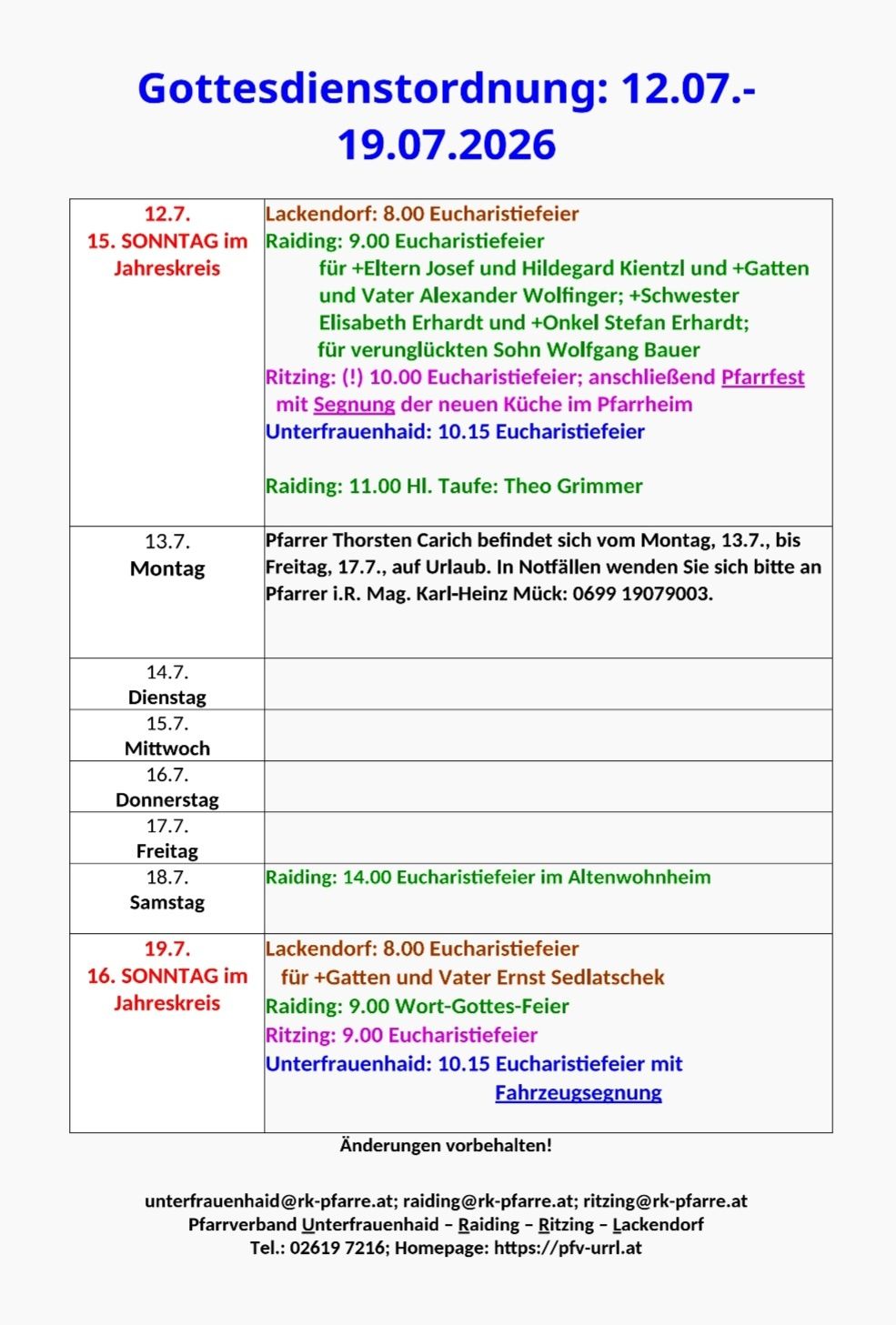 A table with dates and religious events, including names of individuals and times for services. The table is divided into two sections, one for the Sunday in the annual circle and another for specific dates.