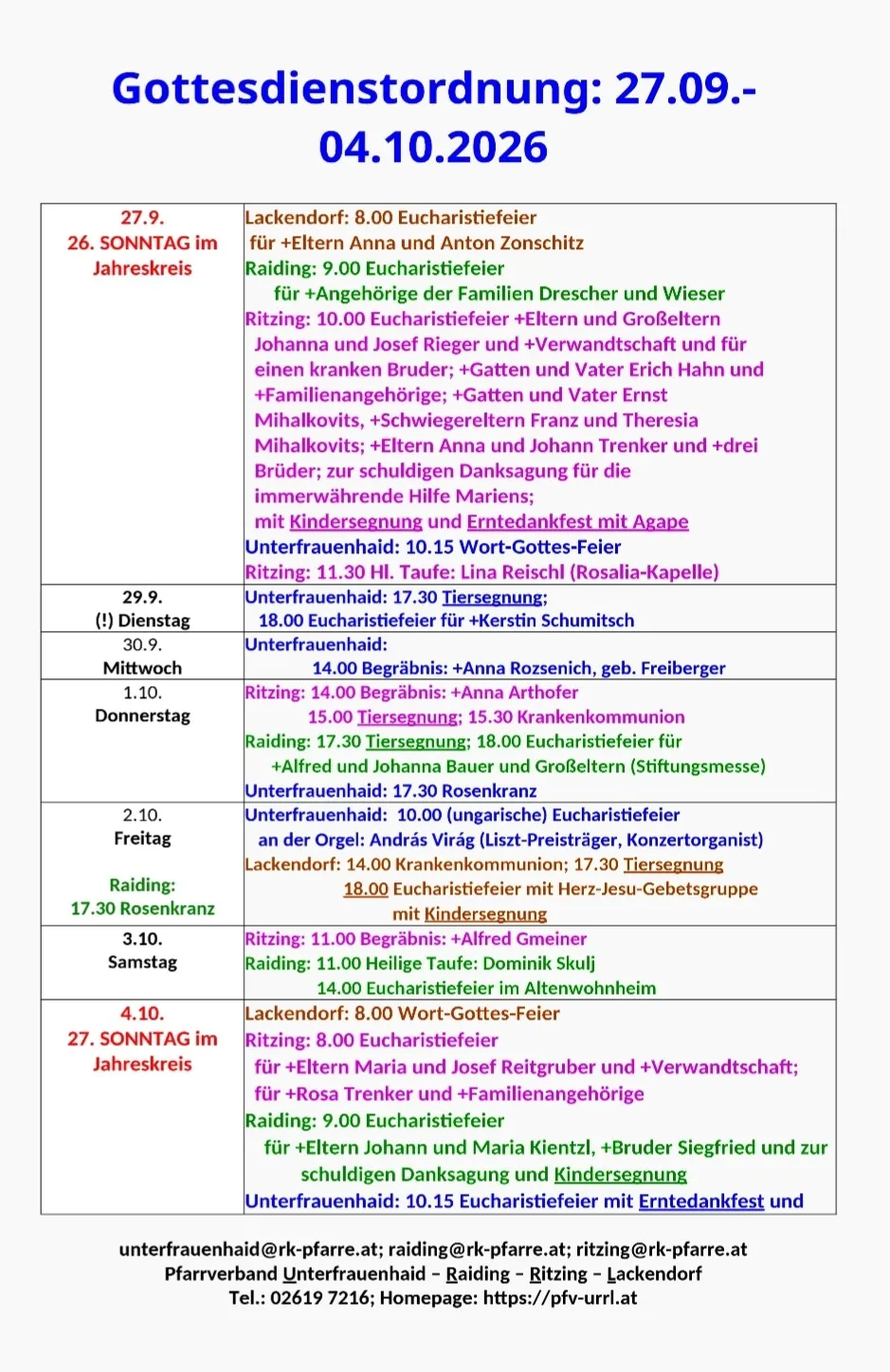Ein Zeitplan für religiöse Dienste und Veranstaltungen, einschließlich Details wie Uhrzeiten, Orte und besondere Teilnehmer. Der Zeitplan ist nach Wochentagen und spezifischen Daten unterteilt.