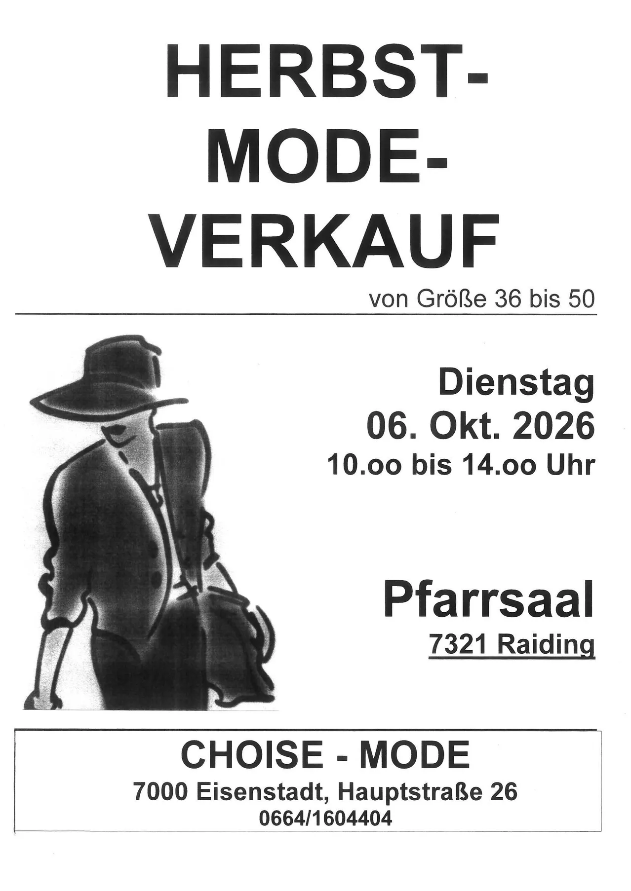 Ein schwarz-weißes Inserat für einen Herbst-Modeverkauf. Es zeigt eine Person mit Hut und Handtasche.