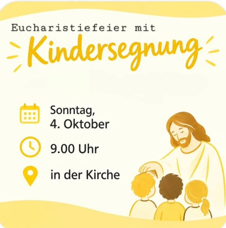 Eine Illustration von Jesus Christus, der drei Kinder am Sonntag, den 4. Oktober um 9:00 Uhr in der Kirche segnet.