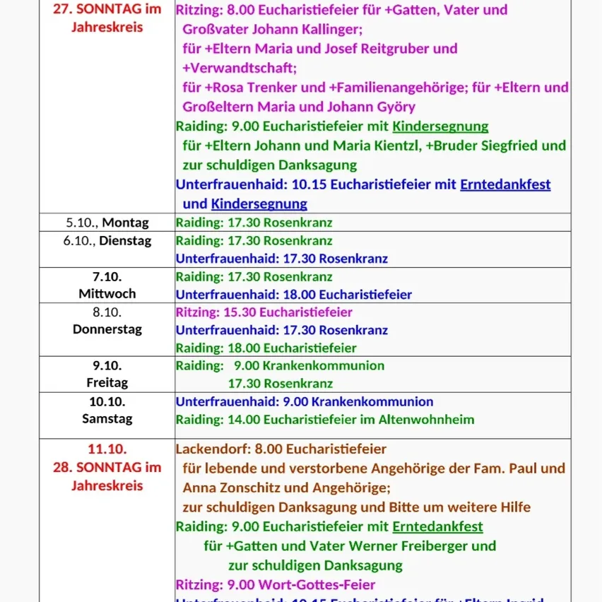 Ein Zeitplan für Gottesdienste im Oktober und November 2026, einschließlich Details zu den Veranstaltungen und Teilnehmern.