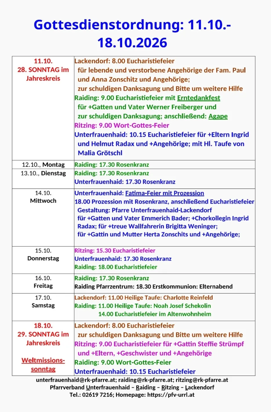 Ein Zeitplan für religiöse Dienste und Veranstaltungen im Oktober 2026, einschließlich Details wie Zeiten, Orte und spezifische Zeremonien wie Taufen und Prozessionen.
