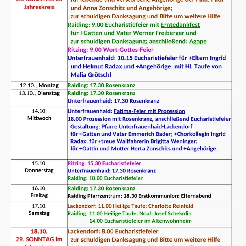 Ein Zeitplan für religiöse Dienste und Veranstaltungen im Oktober 2026, einschließlich Details wie Zeiten, Orte und spezifische Zeremonien wie Taufen und Prozessionen.