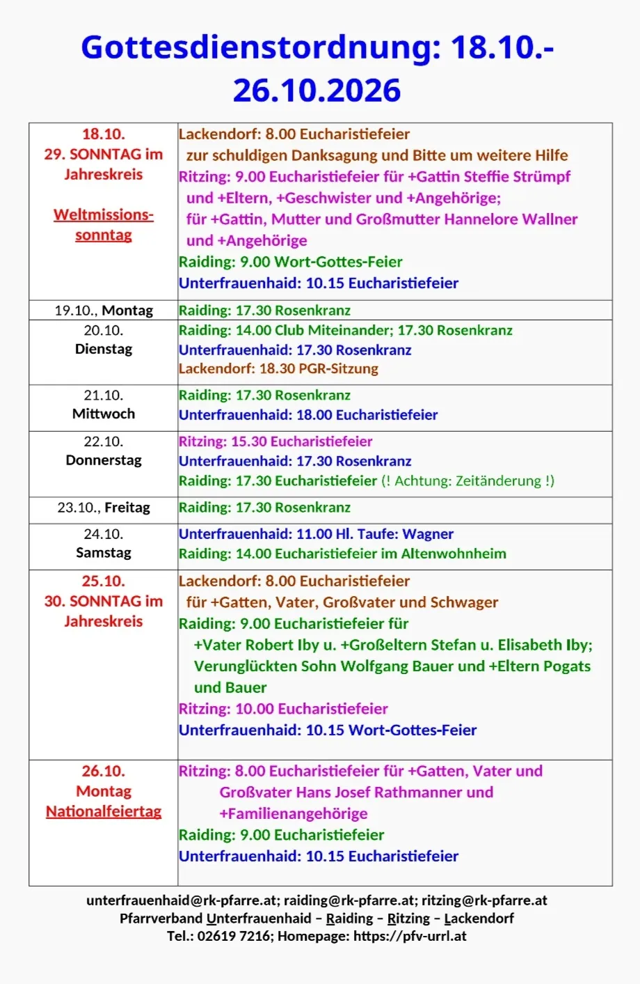 Ein Zeitplan für religiöse Dienste und Veranstaltungen vom 18. Oktober bis 26. Oktober 2026, einschließlich Zeiten, Orten und spezifischen Bitten für Gebete und Messen.