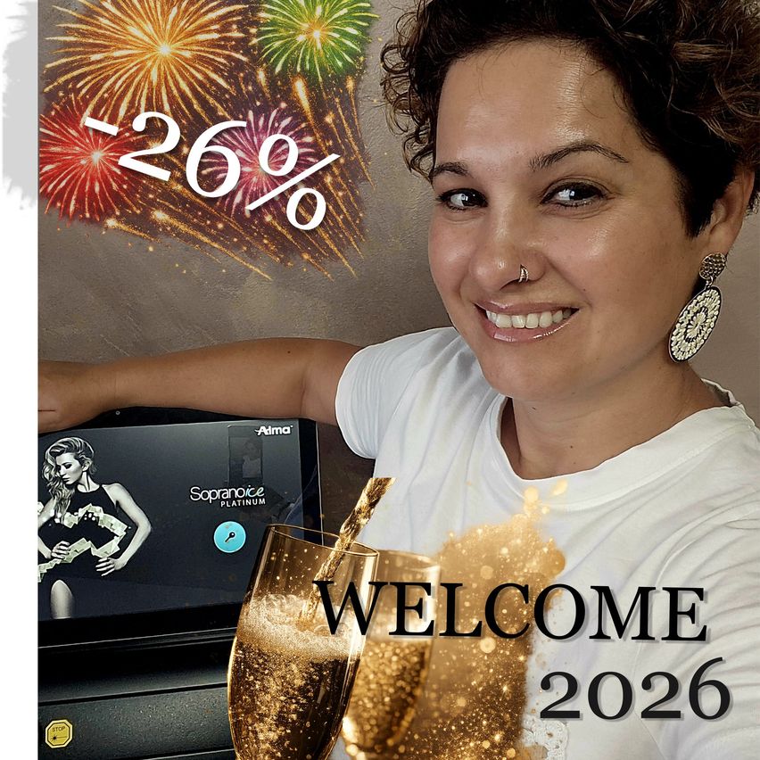 Eine Frau lächelt und hält ein Champagnerglas vor einem Computerbildschirm. Der Bildschirm zeigt Feuerwerke und Text, der '-26%' und 'WELCOME 2026' lautet. Sie trägt ein weißes T-Shirt und hat einen Nasenring.