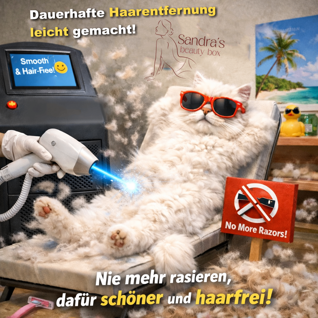 A cat is being groomed by a laser hair removal device. A sign reads 'No More Razors!' and the slogan 'Smooth & Hair-Free!' is displayed.