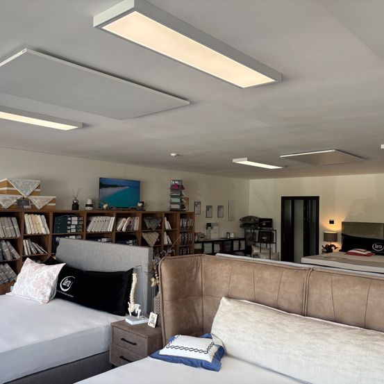 Ein Schlafzimmer mit Betten, Kissen und einem Bücherregal voller Bücher. Die Decke hat mehrere Lampen und es gibt einen Fernseher auf einem Regal.