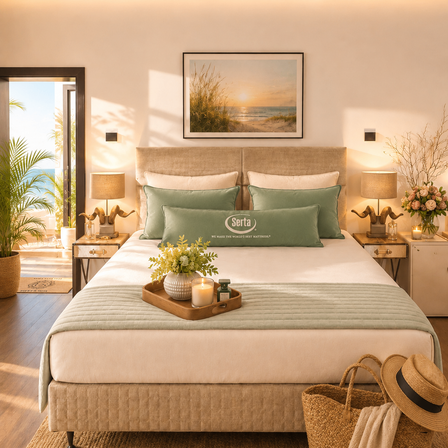 Ein Schlafzimmer mit einem Bett, Kissen, Lampen und einem Nachttisch. Ein Bilderrahmen mit einer Strandszene hängt an der Wand. Ein Korb und ein Hut stehen neben dem Bett.
