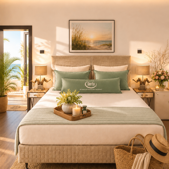 Ein Schlafzimmer mit einem Bett, Kissen, Lampen und einem Nachttisch. Ein Bilderrahmen mit einer Strandszene hängt an der Wand. Ein Korb und ein Hut stehen neben dem Bett.