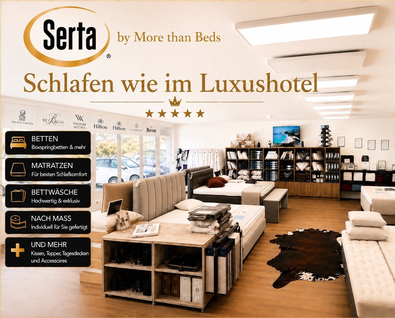 Werbung für Serta Betten, die ein luxuriöses Hotelzimmer zeigt, mit verschiedenen Serta-Matratzen, Bettwäsche und Zubehör. Die Werbung hebt den Komfort und die Qualität der Serta-Produkte hervor.