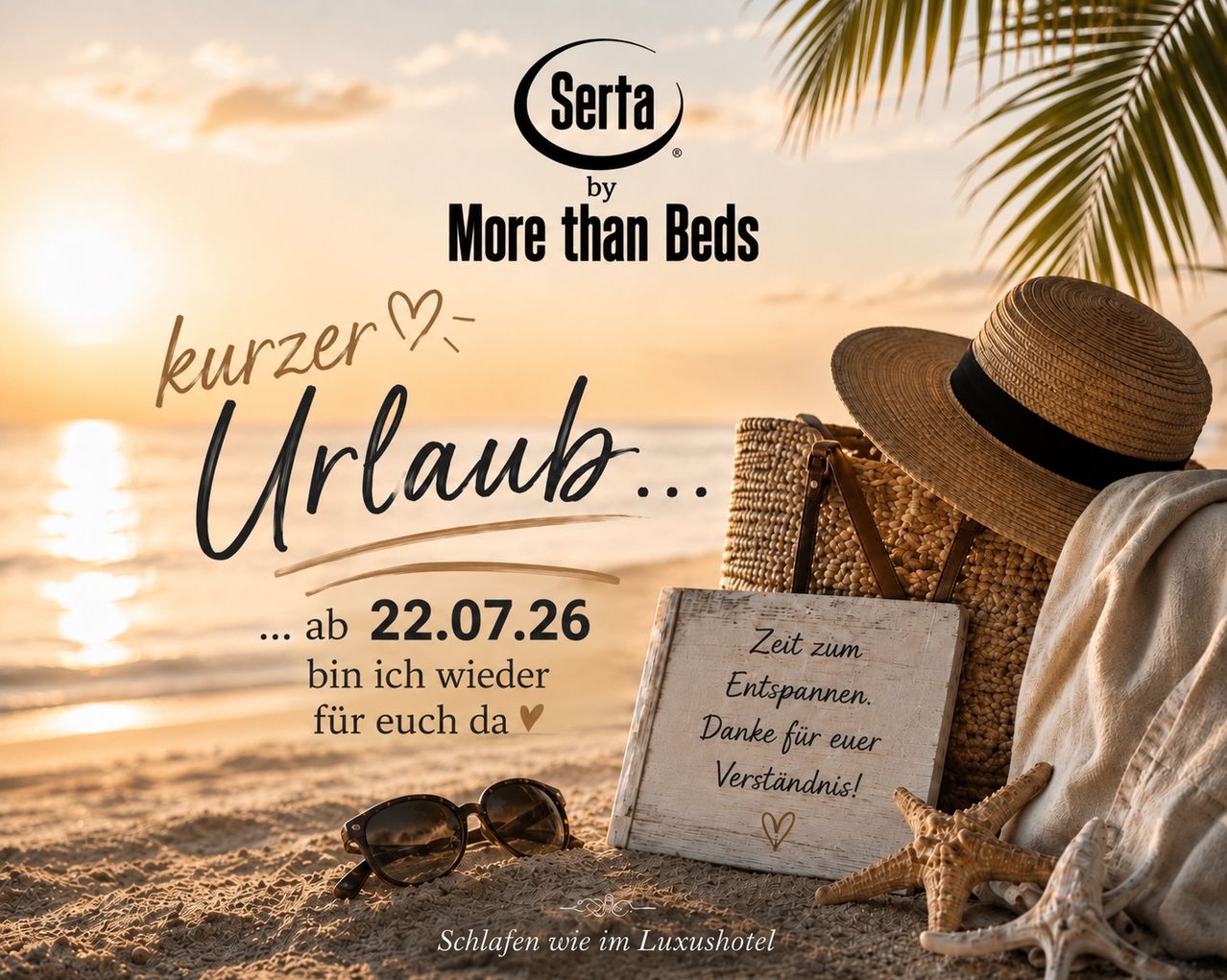 A beach scene with a sign that reads 'kurzer Urlaub' and a note saying 'Zeit zum Entspannen. Danke für ewer Verständnis!' There is a hat, sunglasses, and a starfish on the sand.